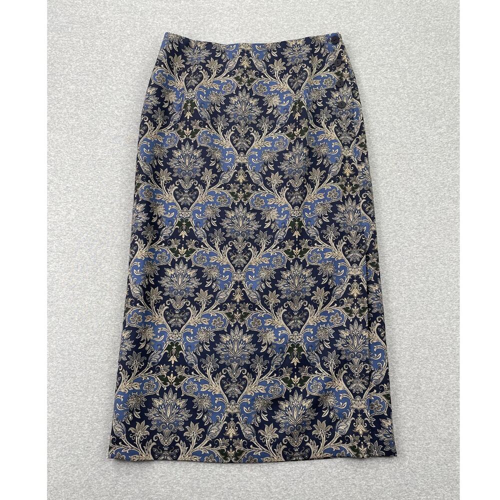 Vintage Talbots Silk Wool Blend Long Maxi Skirt 8P Blue Paisley Floral A-Line